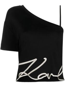 Top Karl Lagerfeld one shoulder logo hem negro